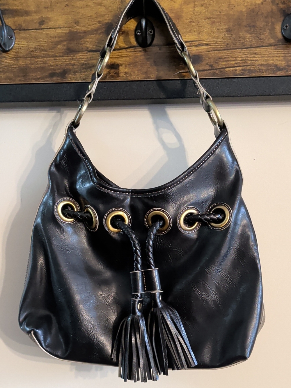 Black Leather Tassel Hobo Bag
